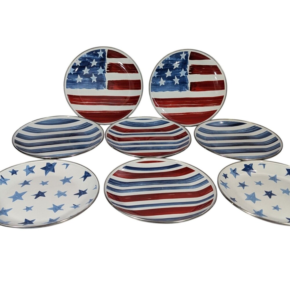 Pottery Barn Patriotic American Flag & Star Dinner Plates in Red, Blue, White